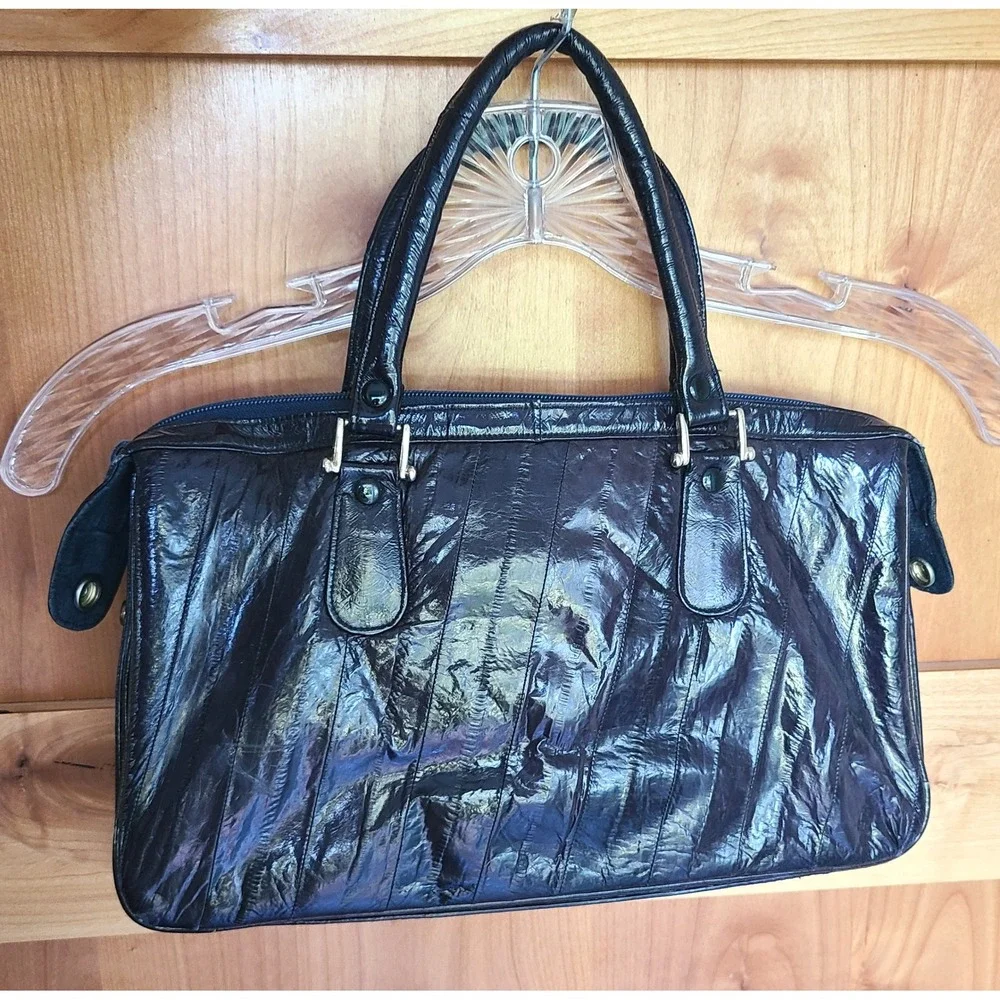 Vintage Navy Blue Eel Skin Leather Satchel Handbag Quiet Luxury Old Money Office